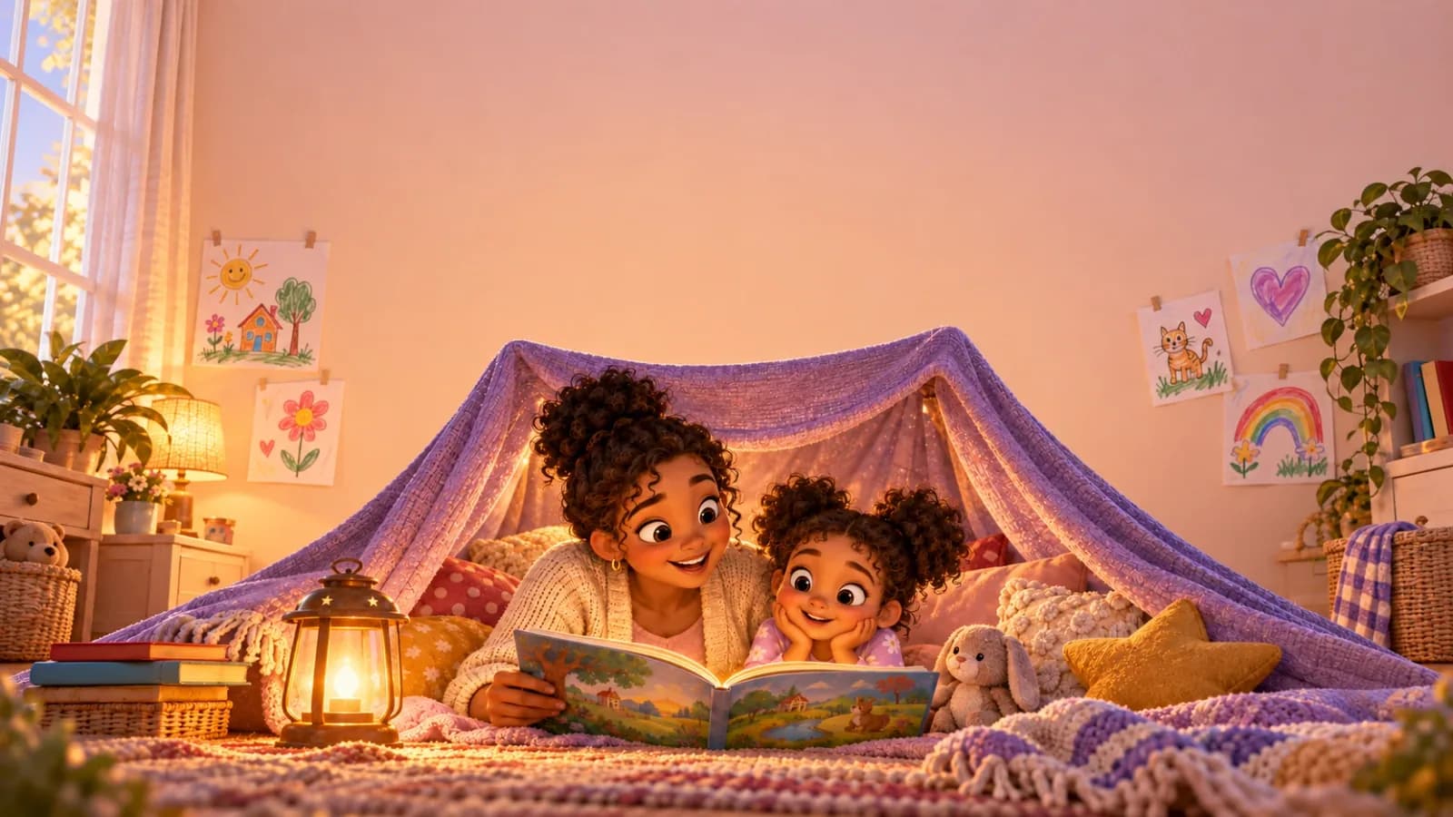 A grown-up and a child reading a glowing picture book inside a violet blanket tent, with children's drawings pinned to the wall