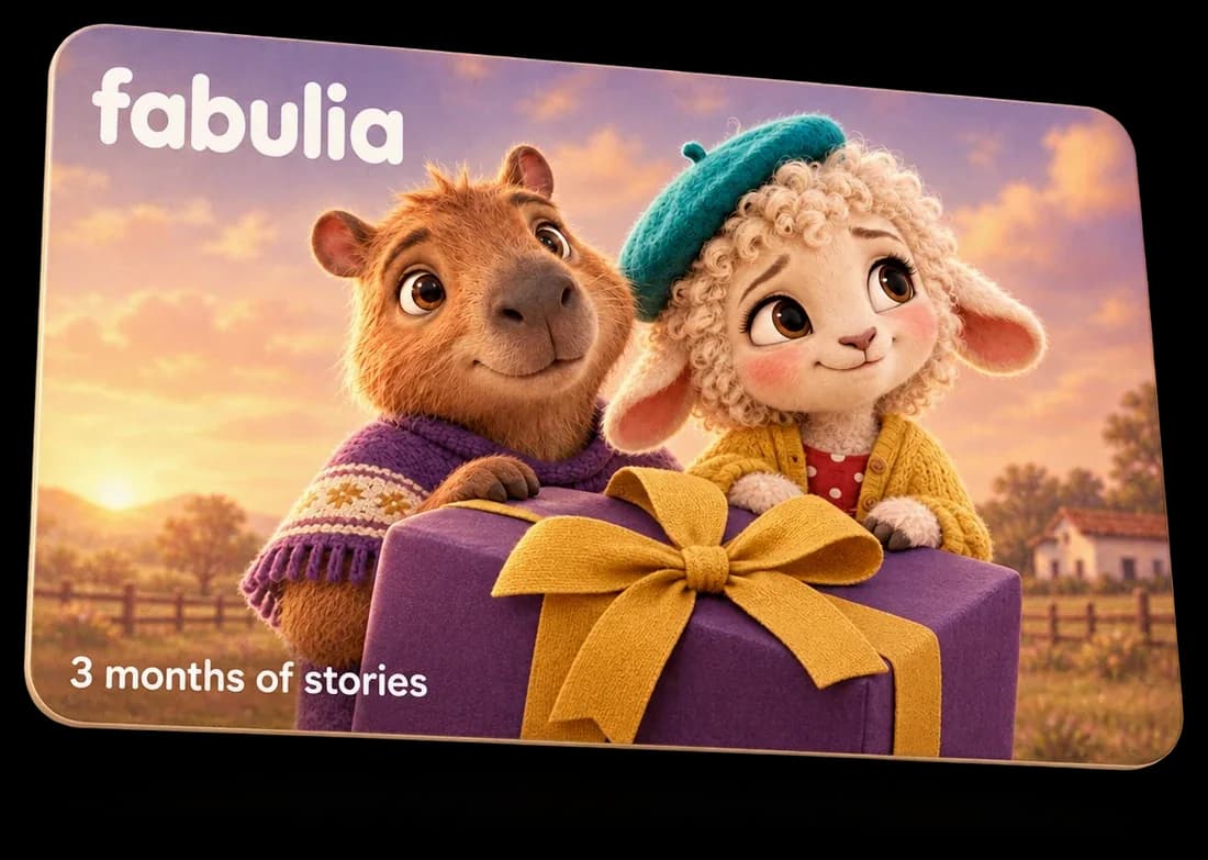 A Fabulia gift card with Piero the capybara and Emilia the lamb holding a wrapped present: 3 months of stories