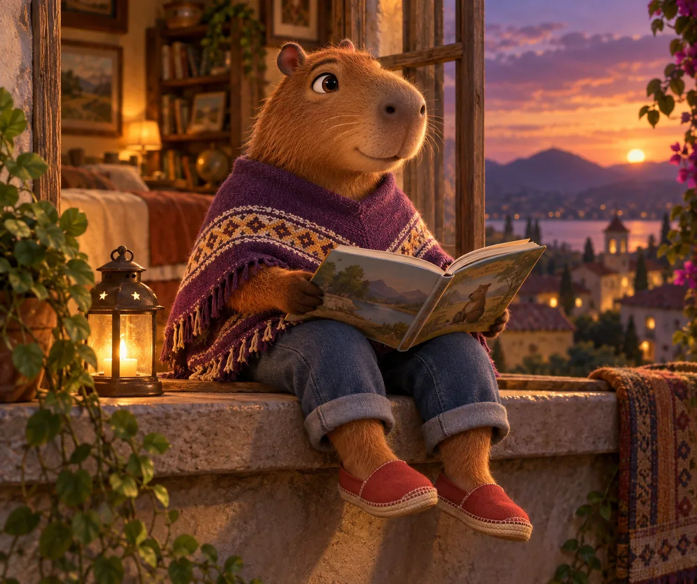 Piero the capybara reading a picture book on a windowsill beside a glowing lantern