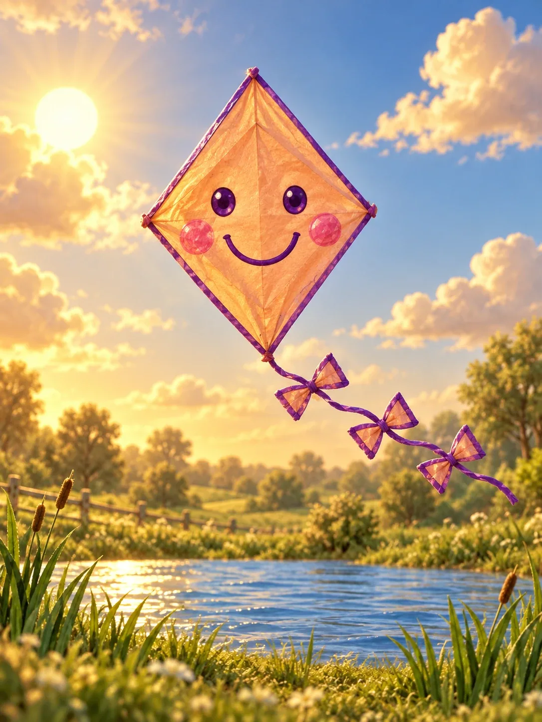 The same kite as a 3D character flying over a golden pond