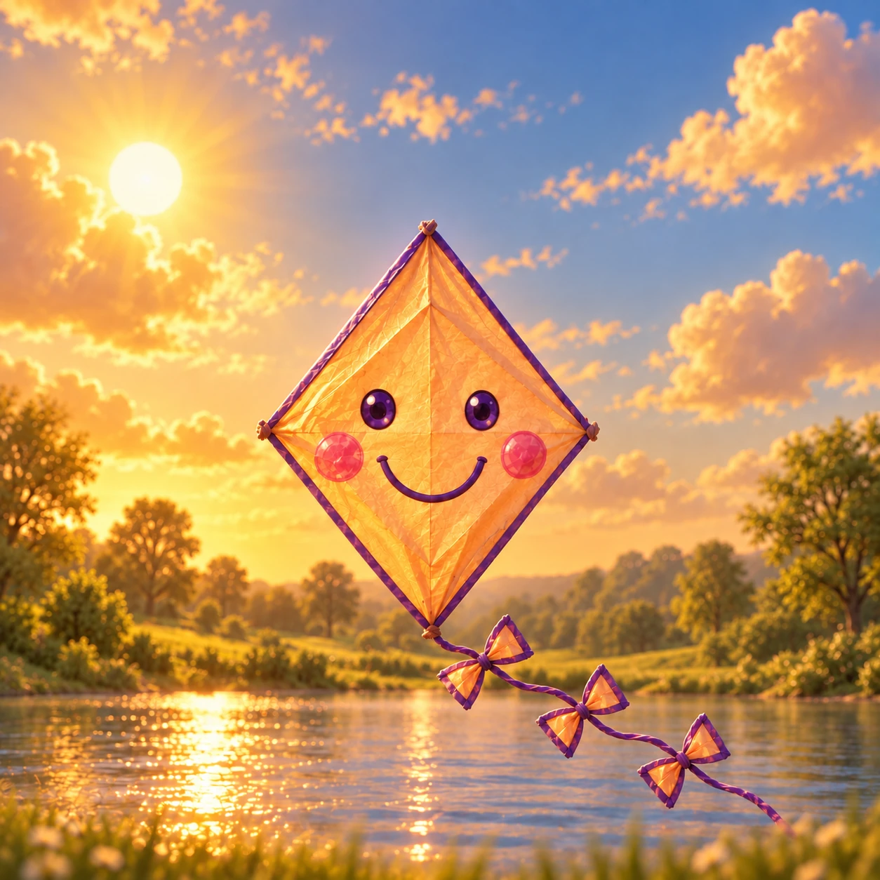The last frame: Sunny as a 3D kite above a golden pond