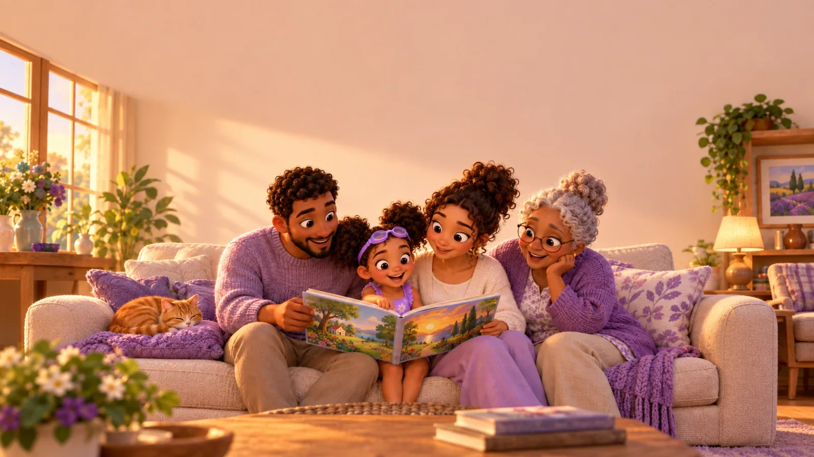 A child on a sofa between two grown-ups and her grandmother, all reading one open picture book, a cat asleep on a cushion beside them