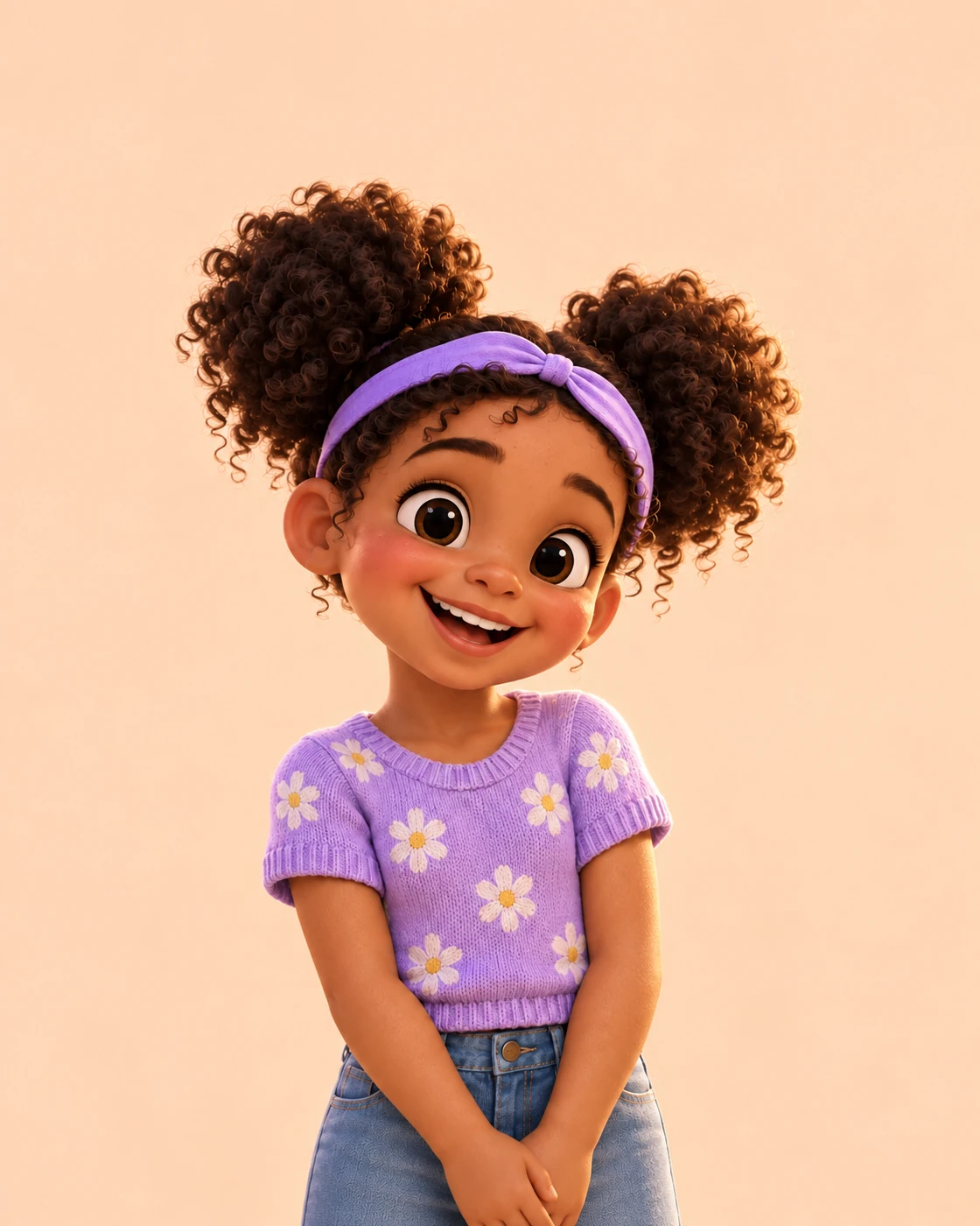 Mia as an illustrated storybook character with curly hair and a lavender headband